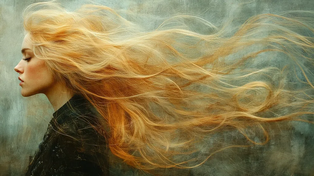 The image showcases a young woman with exceptionally long, flowing, light-blonde hair.  Her hair, the focal point, is dramatically styled to appear as if it's caught in a strong wind, creating a dynamic, ethereal effect. She's in profile, her eyes closed, suggesting a serene or contemplative mood.  The background is a muted, textured green-gray, enhancing the golden tones of her hair and creating a painterly feel to the overall composition. The style is reminiscent of romantic or fantasy art.