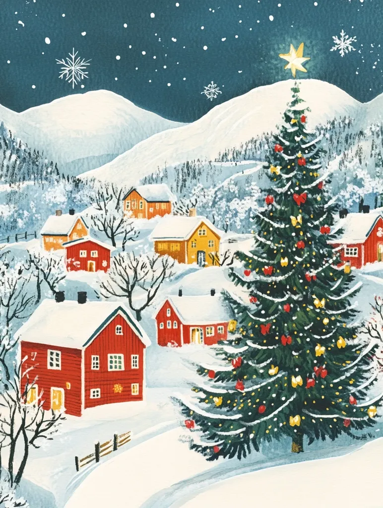 A charming winter village scene unfolds under a starry night sky.  Snow-covered houses, predominantly red and yellow, nestle amongst snow-laden trees. A large, beautifully decorated Christmas tree stands prominently, its lights twinkling. The idyllic setting is framed by snow-capped hills, creating a picturesque and peaceful Christmas card image. The style is reminiscent of vintage holiday illustrations, evoking a sense of warmth and nostalgia.