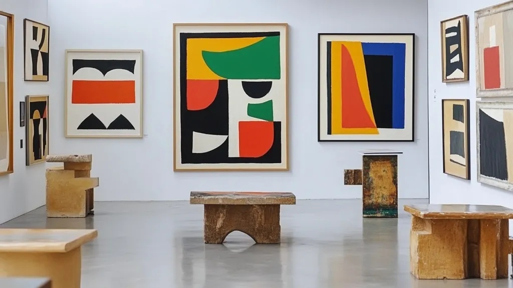 A minimalist gallery showcases vibrant abstract artwork.  Large canvases with bold geometric shapes in contrasting colors like red, yellow, green, and black dominate the walls. Smaller, similarly styled pieces are interspersed.  The floor is a polished concrete, and several simple, beige stone sculptures or benches are strategically placed throughout the space, creating a clean, modern aesthetic. The overall impression is one of controlled energy and balanced composition.
