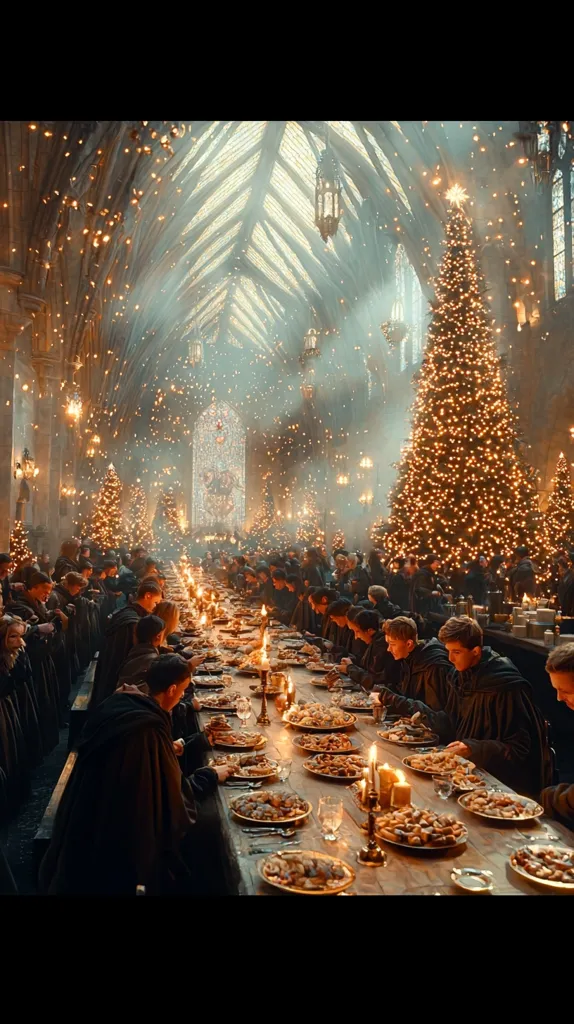 A grand, high-ceilinged hall is adorned with Christmas trees and shimmering lights.  A long table stretches down the center, laden with a bountiful Christmas feast. Numerous people in dark robes are seated, partaking in the meal.  Golden light illuminates the scene, creating a magical, festive atmosphere.  Snow-like particles drift through the air, adding to the enchanting ambiance. The overall setting suggests a celebratory Christmas event in a stately, perhaps historical or fantasy-themed location.