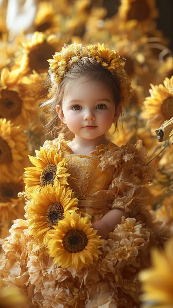 Here's a description of the image:

A charming toddler girl, adorned in a golden yellow dress and a sunflower crown, is the focal point of the image.  Her dress, intricately designed, seems to blend seamlessly with the abundant sunflowers surrounding her.  She holds a bouquet of sunflowers close to her, creating a harmonious blend of warm, golden hues. The background is a soft-focus sea of sunflowers, further emphasizing the girl's central position. The overall ambiance is cheerful, bright, and evokes a sense of innocence and natural beauty.
