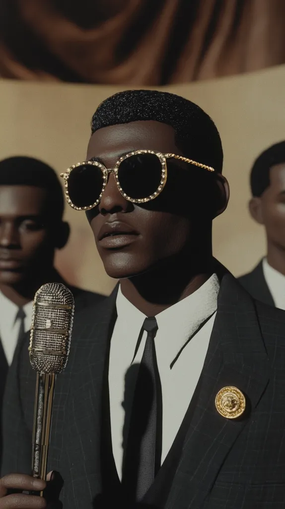 Here's a description of the image:

Close-up shot of a young Black man in a sharp, dark pinstripe suit and crisp white shirt. He's wearing gold, jeweled-rimmed sunglasses and a gold Versace pin on his lapel. A microphone is held in his hand.  Two other Black men in similar suits are partially visible in the background, suggesting a group portrait or performance setting. The background features dark, draped fabric. The overall style is sophisticated and evokes a retro feel, perhaps referencing music or entertainment from a past era.