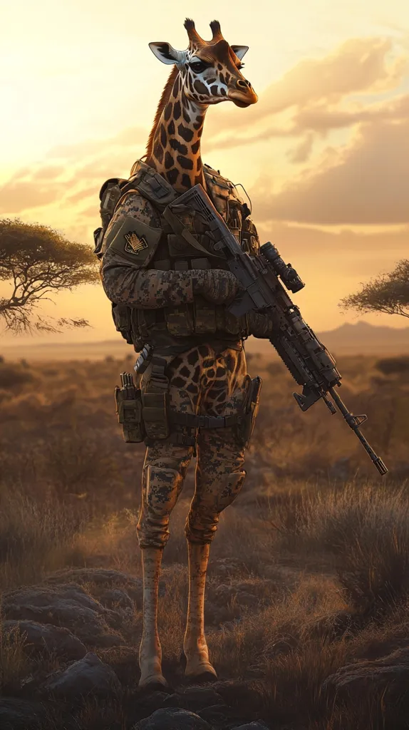 Here's a description of the image:

The image depicts a digitally created soldier giraffe standing in a savanna-like landscape at sunset. The giraffe's neck and head are seamlessly integrated into a human-like torso and legs clad in military camouflage attire. It carries a modern assault rifle, complete with a scope. The setting sun casts a warm golden light across the scene, highlighting the giraffe's unique camouflage and the dry grass and rocks of its surroundings. The overall effect is surreal and humorous, juxtaposing the elegance of a giraffe with the harsh reality of warfare.