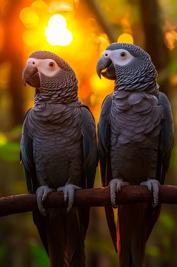 Two African Grey parrots perch side-by-side on a dark branch, silhouetted against a vibrant sunset.  The warm, golden light bathes the background, creating a bokeh effect.  The parrots' grey feathers are detailed, showing their textured plumage. Their intelligent eyes are visible, and they appear calm and serene.  The overall scene is peaceful and evocative of a tranquil, natural setting.