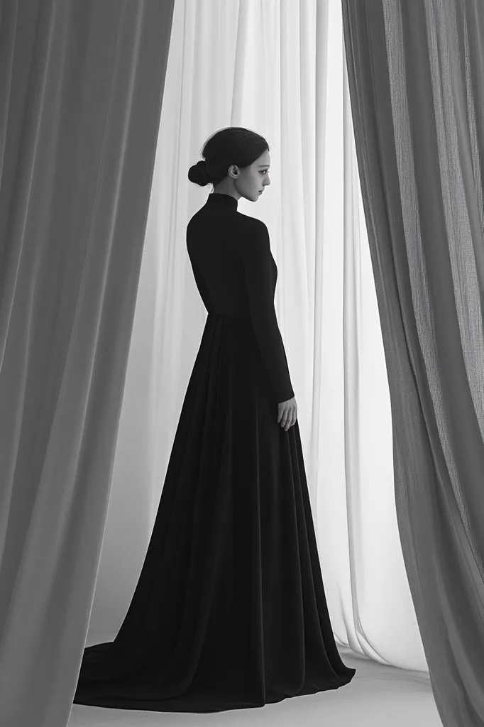 A black and white photograph depicts a woman in a long, elegant black dress standing between sheer white curtains and darker, heavier drapes.  Her hair is pulled back, and she gazes thoughtfully off to the side.  The long sleeves of her dress extend to her wrists. The image has a classic, almost melancholic mood, emphasizing the graceful lines of the dress and the woman's solitary pose. The contrast between the fabrics and the lighting adds depth and texture to the composition.