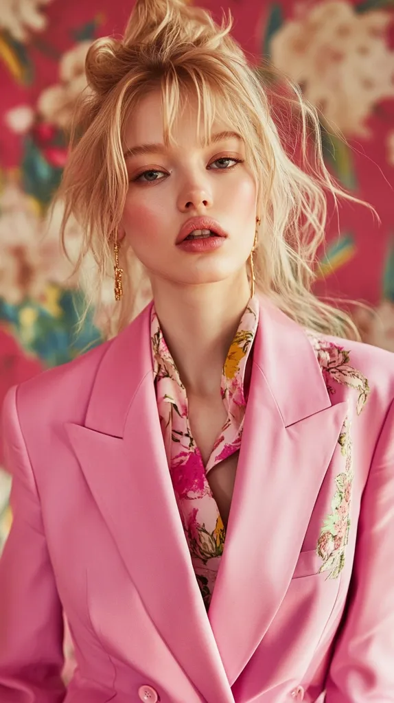 A young woman with blonde, tousled hair styled in a messy bun poses against a vibrant pink floral backdrop. She's wearing a light pink, double-breasted blazer over a floral blouse.  Her makeup is subtly applied, enhancing her features.  Gold earrings dangle from her ears, adding a touch of elegance. The overall aesthetic is one of stylish femininity and soft glamour.