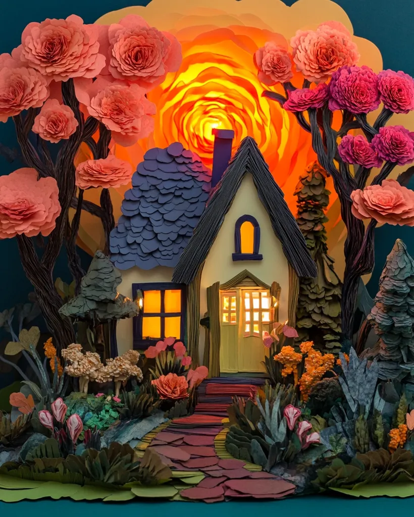 A charming cottage, crafted from intricately layered paper, sits nestled within a whimsical paper landscape.  Illuminated windows glow warmly against a backdrop of vibrant, paper rose trees silhouetted against a setting sun.  A stone path leads to the cottage's inviting door, surrounded by meticulously detailed paper flora. The overall effect is a miniature, three-dimensional fairytale scene, rich in texture and color.