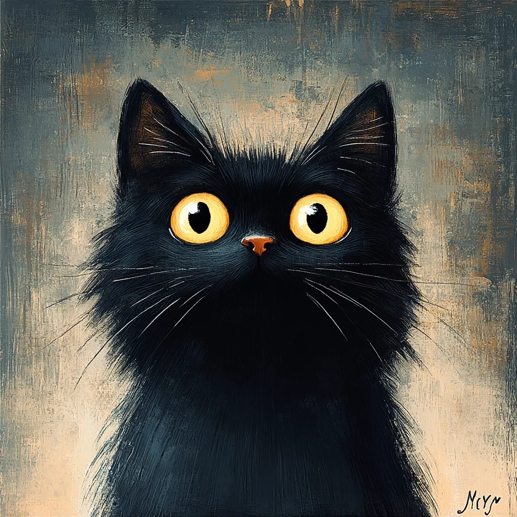 Here's a description of the image:

The artwork depicts a close-up portrait of a black cat with strikingly large, round, bright yellow eyes. Its expression is one of wide-eyed surprise or curiosity. The cat's fur is depicted with short, textured strokes, giving it a slightly fluffy appearance. The background is a muted, textured palette of browns and grays, providing a contrast to the cat's dark fur.  The artist's signature is subtly placed in the bottom right corner. The overall style is painterly and slightly whimsical.