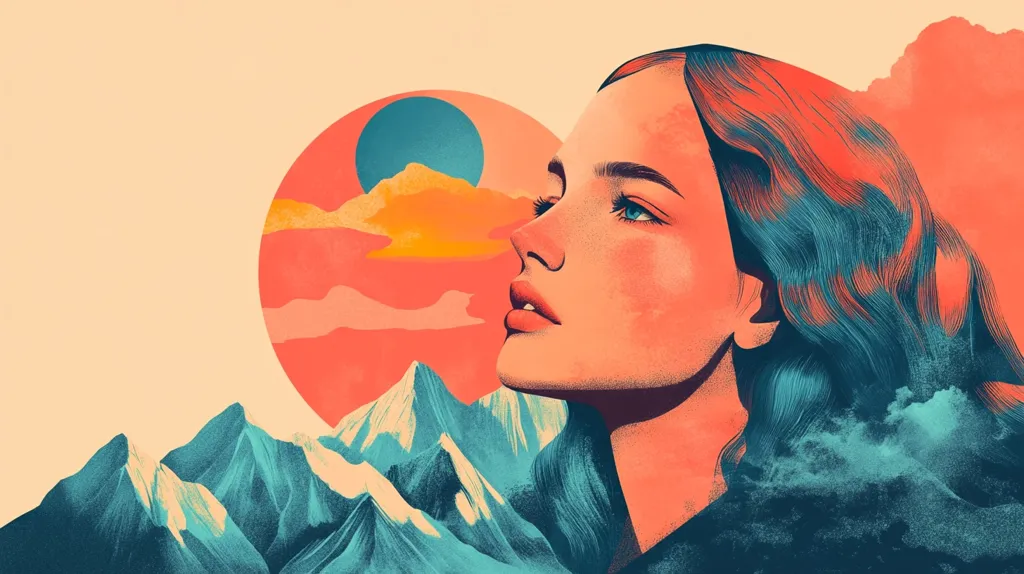 The illustration depicts a woman's profile, her face bathed in warm, peachy tones, her long, wavy hair a blend of teal and coral.  She gazes upward towards a stylized sunset, a large, coral-colored orb dominating the background, punctuated by a smaller, teal circle and wispy clouds.  In the foreground, a range of teal-hued mountains adds a sense of depth and scale, creating a visually arresting contrast against the softer colors of the woman and sky. The overall style is vibrant and dreamlike, with a blend of smooth and textured elements.