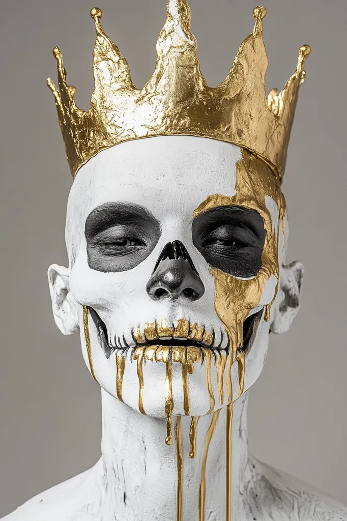 Close-up view of a person with elaborate face paint.  Their skin is predominantly white, with black and gold accents creating a skull-like effect.  Gold paint drips down their face and neck.  A gold crown sits atop their head. The overall impression is one of macabre elegance, a blend of death and royalty.  The background is a simple, neutral gray.