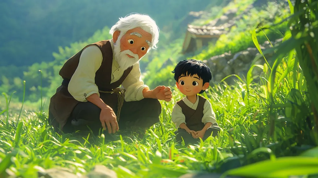 An elderly man with long white hair and a beard kneels in lush green grass, looking down at a young boy.  The boy, with dark hair and large eyes, sits calmly beside him.  Both figures are rendered in a stylized, animated style.  The background suggests a rural setting, with hints of a village and rolling hills. The scene evokes a sense of peace and quiet contemplation in a pastoral environment. The warm sunlight bathes the scene.