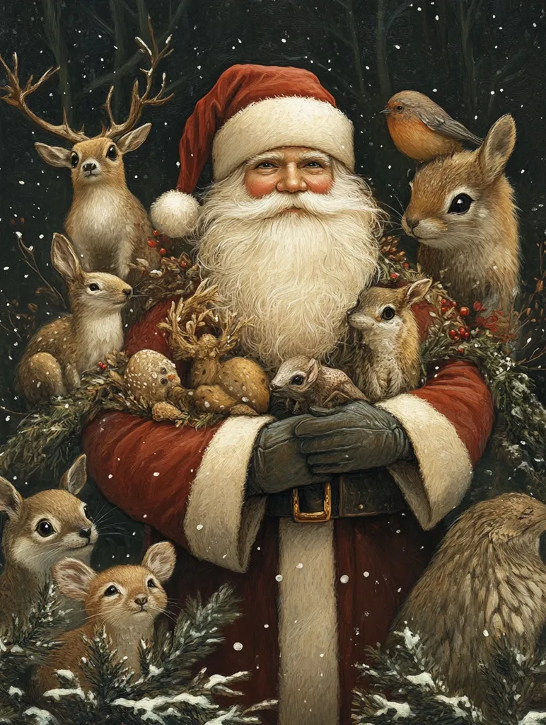 A heartwarming Christmas illustration depicts Santa Claus, his jolly face framed by a long white beard, cradling a variety of woodland creatures.  Surrounding him are deer, bunnies, squirrels, and a small owl, all nestled in a wreath of evergreen boughs and berries.  A robin perches on a squirrel's back, adding to the charming scene of peaceful coexistence in a snowy forest setting. The overall style is detailed and realistic, evoking a sense of warmth and holiday magic.