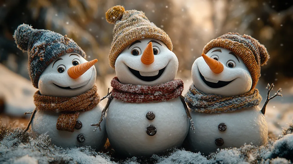 Three cheerful snowmen, styled like Olaf from Frozen, stand together in a snowy winter scene. Each wears a knitted hat and scarf in warm autumnal tones.  Their carrot noses and smiling faces exude festive joy.  Light snow falls around them, creating a magical, whimsical atmosphere in a woodland setting.  The image is digitally rendered, showcasing realistic textures and lighting.