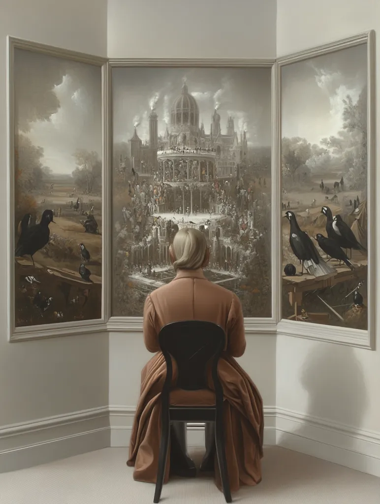 A woman in a long brown dress sits facing three large paintings in a corner.  The central painting depicts a grand, ornate building with many figures, suggesting a public gathering or celebration.  Flanking paintings showcase pastoral scenes with birds.  The overall tone is muted, creating a contemplative and slightly melancholic atmosphere. The woman's back is to the viewer; her posture suggests quiet observation or reflection.  The setting is elegant, implying a space of artistic appreciation or solitary contemplation.