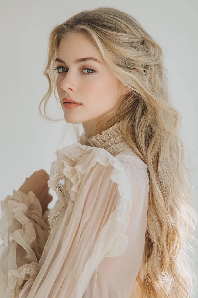 A young woman with long, flowing blonde hair is captured in a close-up shot. Her hair is styled with a gentle wave, and a few strands are artfully tucked behind her ear. She's wearing a delicate, light beige blouse with ruffled detailing around the neckline and sleeves, adding a touch of romantic elegance.  Her makeup is natural and enhances her features, creating a soft and ethereal overall impression. The background is a simple, neutral tone, keeping the focus firmly on the subject.