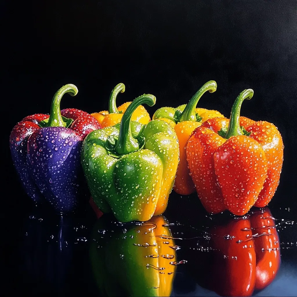 Here's a description of the image:

A meticulously rendered still life showcases five bell peppers arranged on a dark, reflective surface against a black backdrop. The peppers exhibit a vibrant spectrum of colors—purple, green, yellow, and orange—each glistening with tiny water droplets, suggesting recent washing.  Their reflections are mirrored perfectly on the polished surface below, enhancing the overall richness and depth of the painting. The dramatic lighting emphasizes the peppers' textures and highlights the glistening water. The composition is simple yet striking, showcasing the artist's skill in capturing realistic detail and light.