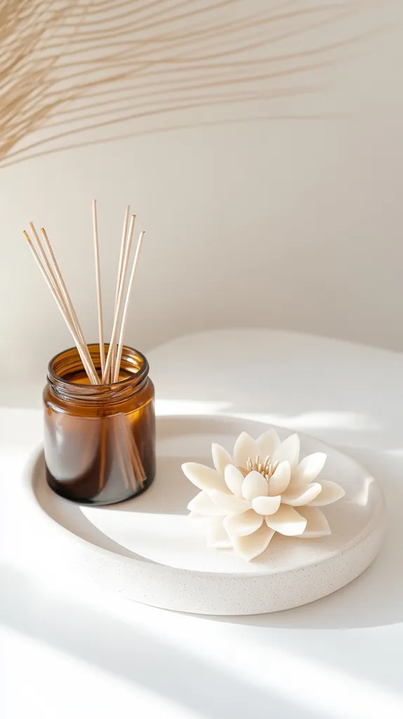 Here's a description of the image:

A minimalist scene featuring a round, off-white tray holding a small amber glass bottle of reed diffuser and an artificial white lotus flower.  The reeds are light brown and extend above the bottle's rim.  Soft, natural light casts shadows, enhancing the serene, spa-like atmosphere. The background is a muted beige with the suggestion of a dried pampas grass plume in the upper left corner. The overall aesthetic is calm and sophisticated.
