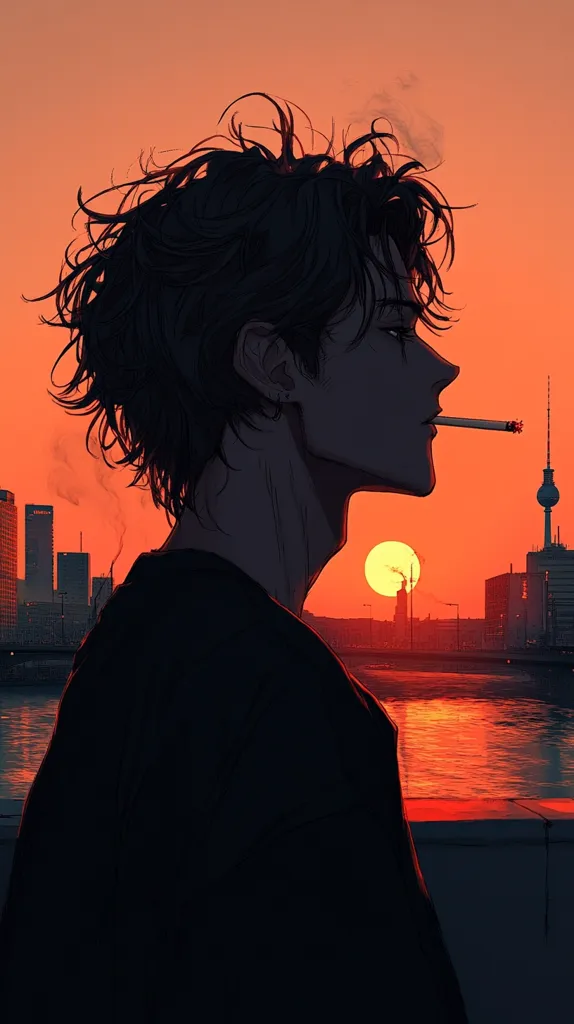 Here's a description of the image:

The illustration showcases a young man, seemingly of anime or manga style, in profile view. His dark, tousled hair contrasts against the vibrant orange hues of a sunset. He holds a cigarette, smoke curling upwards, adding to the dramatic atmosphere.  The backdrop features a city skyline at twilight, reflecting the fiery colors of the sky in the calm water below.  A prominent tower is visible in the distance. The overall mood is melancholic and contemplative, enhanced by the silhouette-like quality of the figure against the burning sky.