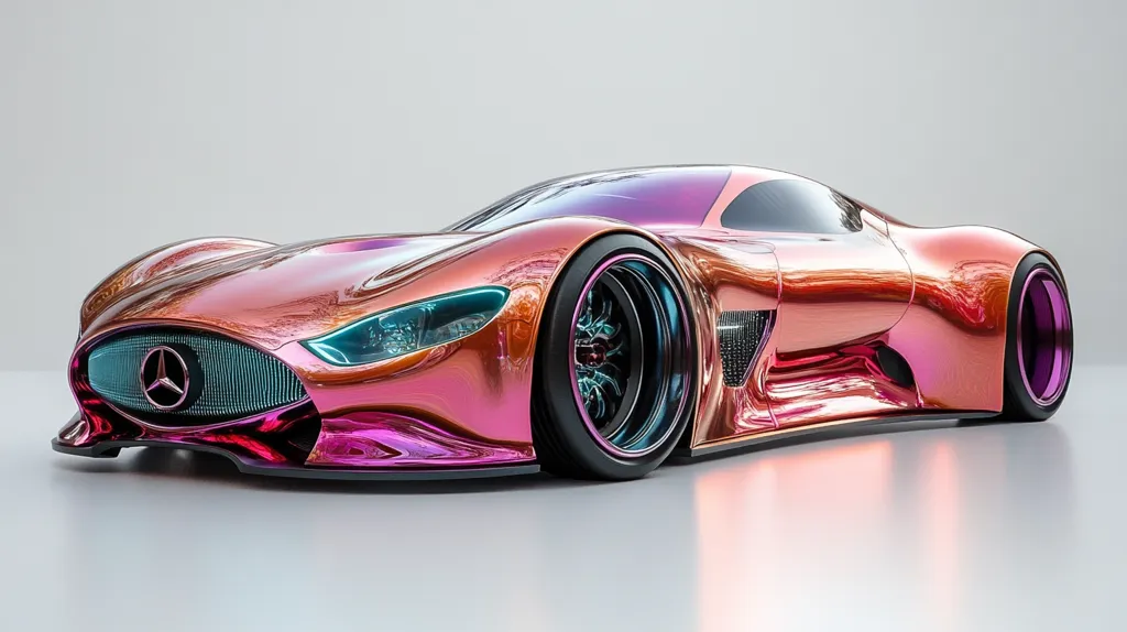 Here's a description of the image:

The image showcases a futuristic, low-slung sports car, possibly a concept design. Its body is a mesmerizing blend of copper and pink, exhibiting a highly polished, almost iridescent sheen.  The car features sleek lines, a prominent Mercedes-Benz emblem, and large, stylish wheels with a vibrant inner rim. The background is a simple, light gray, ensuring the car remains the focal point. The overall impression is one of luxury, speed, and cutting-edge design.