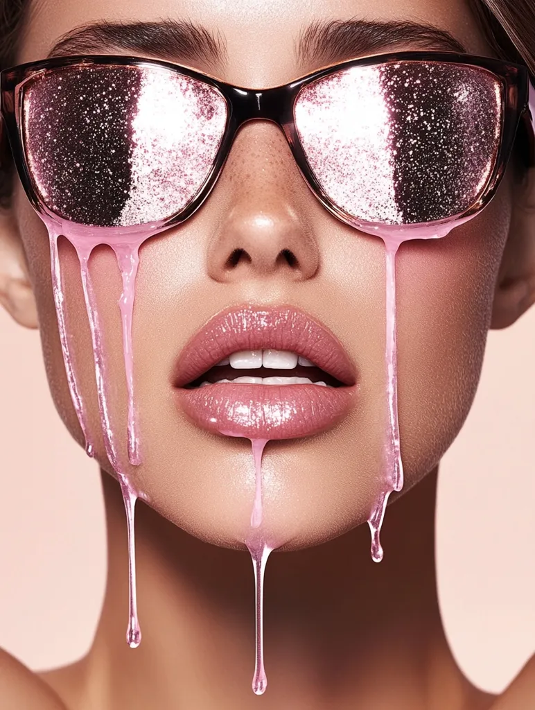 Close-up of a woman's face, partially obscured by pink, glitter-infused sunglasses.  A viscous, pink substance drips from the glasses, coating her cheeks and chin, and flows down her lower lip.  Her makeup is subtly enhanced, with a glossy pink lip and perfectly sculpted brows. The overall aesthetic is glamorous and slightly surreal, suggesting a beauty product advertisement or editorial photoshoot.