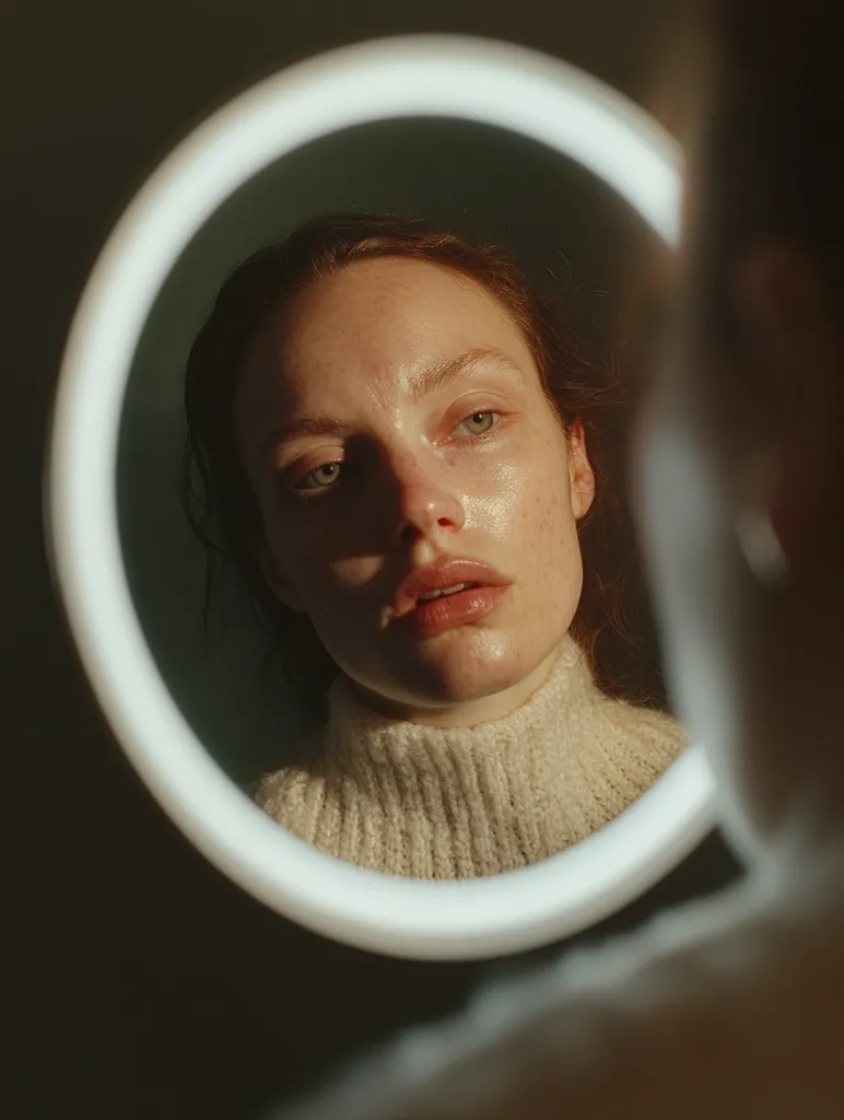 A young woman with reddish-brown hair, wearing a cream-colored turtleneck sweater, gazes intently at her reflection in a circular mirror with a bright, illuminated rim.  The lighting accentuates her features, creating soft shadows on her face.  The overall mood is introspective and intimate, focusing on the woman's contemplative expression. The background is dark and indistinct, drawing attention solely to the woman and her reflection.