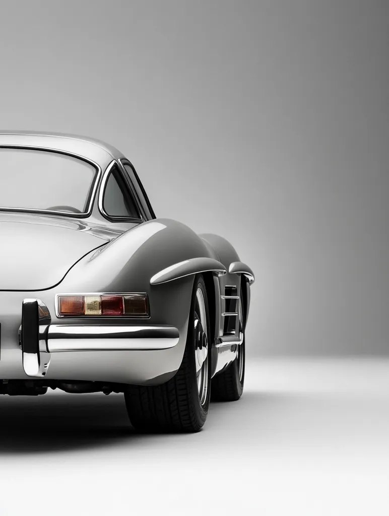 The image shows the rear three-quarter view of a classic silver Mercedes-Benz 300 SL Gullwing coupe. The car is angled slightly away from the camera, showcasing its sleek, aerodynamic body, chrome detailing, and prominent rear taillights. The background is a simple, light gray, focusing attention entirely on the vehicle's elegant design and pristine condition. The image's overall mood is one of timeless sophistication and automotive excellence.