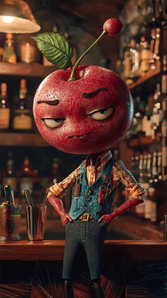 Here's a description of the image:

The image is a digital rendering of an anthropomorphic cherry bartender.  The cherry, with a stern expression and furrowed brows, has a human-like body clad in a denim vest and jeans. He stands behind a wooden bar in a dimly lit tavern, with various liquor bottles visible on the shelves behind him.  Mixing tools sit on the bar in front of him. The overall style is a blend of realism and cartoonish exaggeration, creating a whimsical and slightly unsettling character.  The background is a blurred, yet detailed, depiction of a classic bar setting.