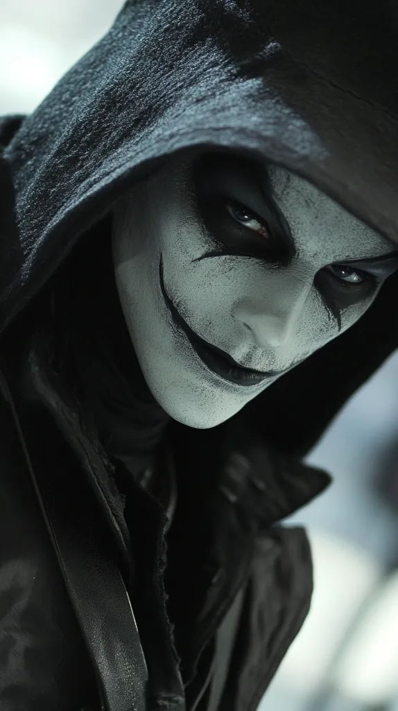 Close-up of a person wearing a dark hooded garment and striking, stylized makeup.  Their face is painted white with sharp black lines creating a sinister smile and intense eye makeup. The hooded cloak obscures much of their body, emphasizing the unsettling expression. The overall effect is dark, mysterious, and slightly menacing.  The image's monochrome palette enhances the mood.