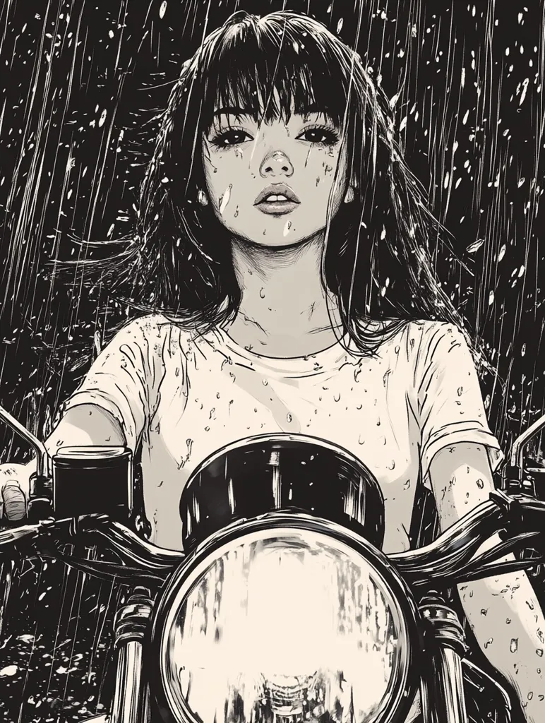 Here's a description of the image:

The illustration depicts a young woman with straight, dark hair, sitting on a motorcycle in heavy rain.  She wears a simple, light-colored t-shirt, and her expression is serious and somewhat melancholic. Rain droplets are visible on her clothes and hair, adding to the overall somber atmosphere. The monochrome palette, using shades of gray and black, emphasizes the mood.  The detailed linework and texturing give the piece a gritty, almost comic book-like quality. The focus is on the woman and her determined posture on the bike, creating a sense of quiet strength and resilience amidst the downpour.