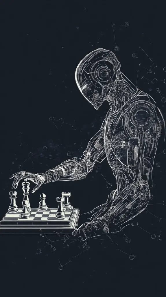 A stylized, wireframe rendering of a robot plays chess. The robot, depicted in white lines against a dark background, is hunched over a chessboard, its mechanical hand reaching to move a piece.  The image suggests themes of artificial intelligence, strategy, and the future of technology, with scattered lines and dots adding to a sense of technological complexity or data flow.  The overall aesthetic is minimalist and slightly futuristic.