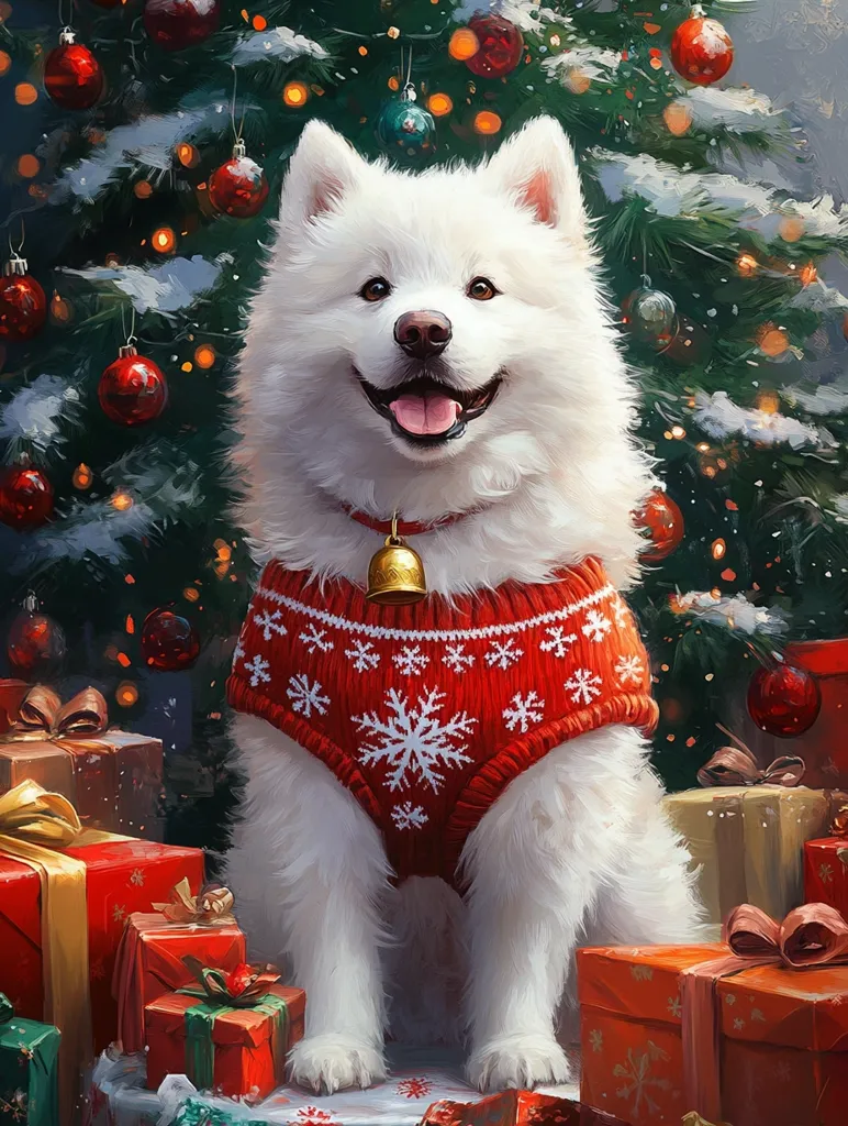A fluffy white Samoyed puppy, wearing a festive red snowflake sweater and a small bell collar, sits contentedly in front of a decorated Christmas tree.  Surrounding the adorable dog are numerous beautifully wrapped presents, creating a warm and cheerful Christmas scene. The overall style is digitally painted, with a soft, slightly impressionistic feel.  The image evokes feelings of holiday joy and the companionship of pets during the Christmas season.