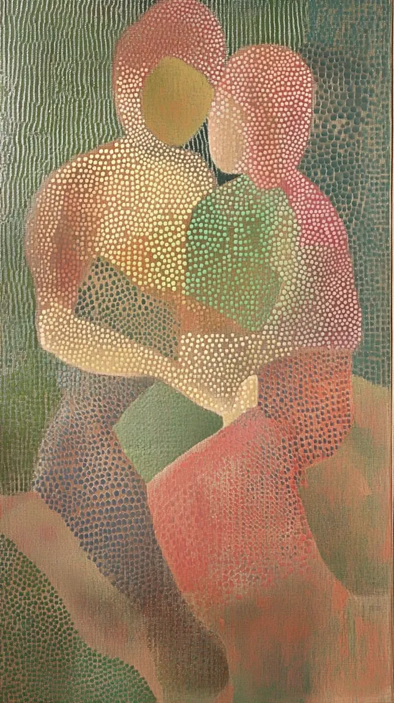 The artwork depicts two figures, possibly a mother and child, seated close together.  Rendered in a pointillist style using a variety of muted earth tones, the figures are softly defined, lacking sharp outlines. The color palette consists of dusty pinks, greens, and golds, creating a calm and contemplative atmosphere. The background is a textured, dark green that contrasts with the warmer hues of the figures. The overall effect is one of intimacy and gentle affection.