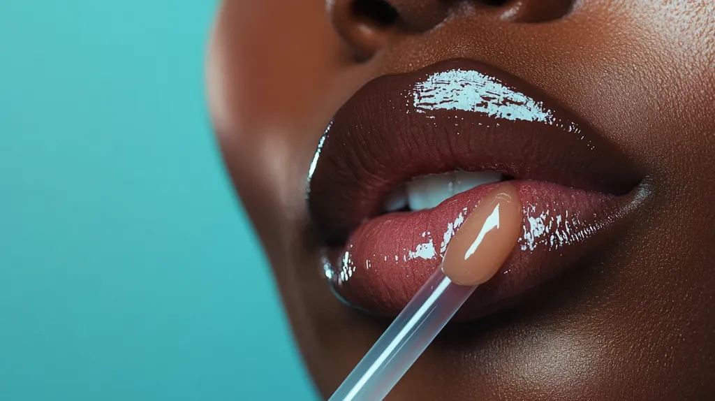 Close-up view of a person's lips with a lip gloss applicator. The model has dark brown skin and full lips.  A light beige lip gloss is being applied over a darker, glossy base.  The applicator is a clear wand. The background is a muted teal color. The image focuses sharply on the lips and the application process, highlighting the texture and shine of the lip gloss.