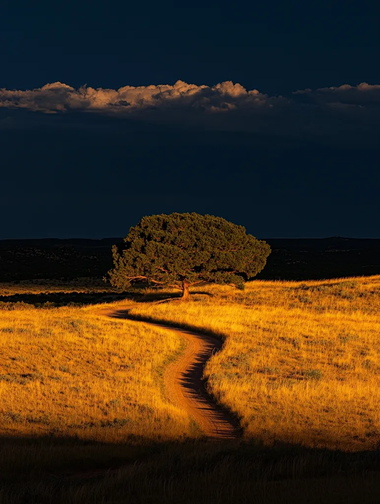 A solitary tree stands on a golden hillside, bathed in the warm light of the setting sun.  A winding dirt road curves through the tall, dry grass towards the tree.  A dramatic, dark sky above features a band of light clouds, creating a striking contrast with the sunlit landscape below.  The scene evokes a feeling of serenity and vastness.