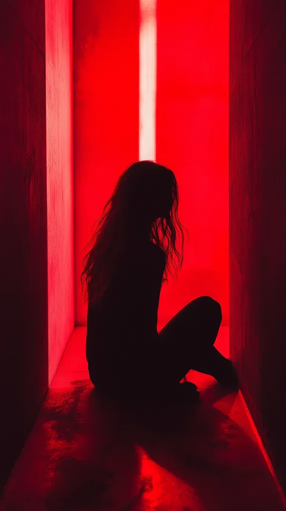 The image shows a silhouette of a woman with long hair sitting on the floor of a narrow, red-lit corridor.  The intense crimson light casts strong shadows, obscuring her features and creating a dramatic, almost claustrophobic atmosphere. The woman's posture suggests solitude or contemplation. The stark contrast between the dark silhouette and the bright red background enhances the image's moody and enigmatic quality.