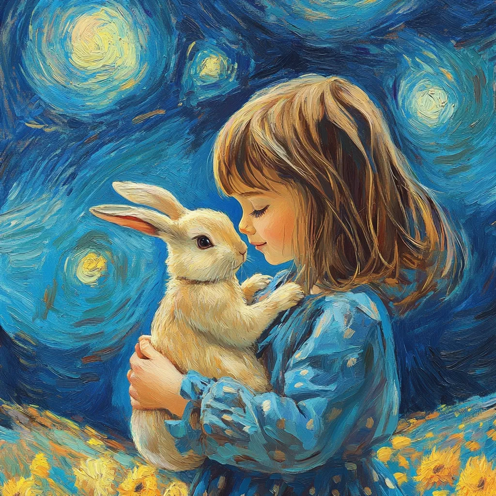A young girl with shoulder-length brown hair gently cradles a fluffy white rabbit.  The painting is done in a style reminiscent of Van Gogh's "Starry Night," with swirling blues and yellows in the background depicting a night sky filled with bright stars. The girl's blue dress is textured, adding to the impasto effect.  The scene evokes a feeling of gentle tenderness and peaceful connection between child and animal under a vibrant night sky.