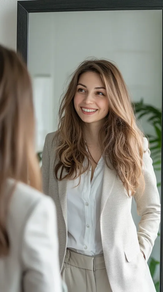A young woman with long, wavy brown hair smiles contentedly as she admires her reflection in a mirror.  She's dressed in a light beige blazer over a crisp white shirt and beige trousers, creating a professional yet stylish look. Her expression is one of self-assurance and happiness, suggesting a positive self-image.  The setting appears to be a modern, well-lit room.