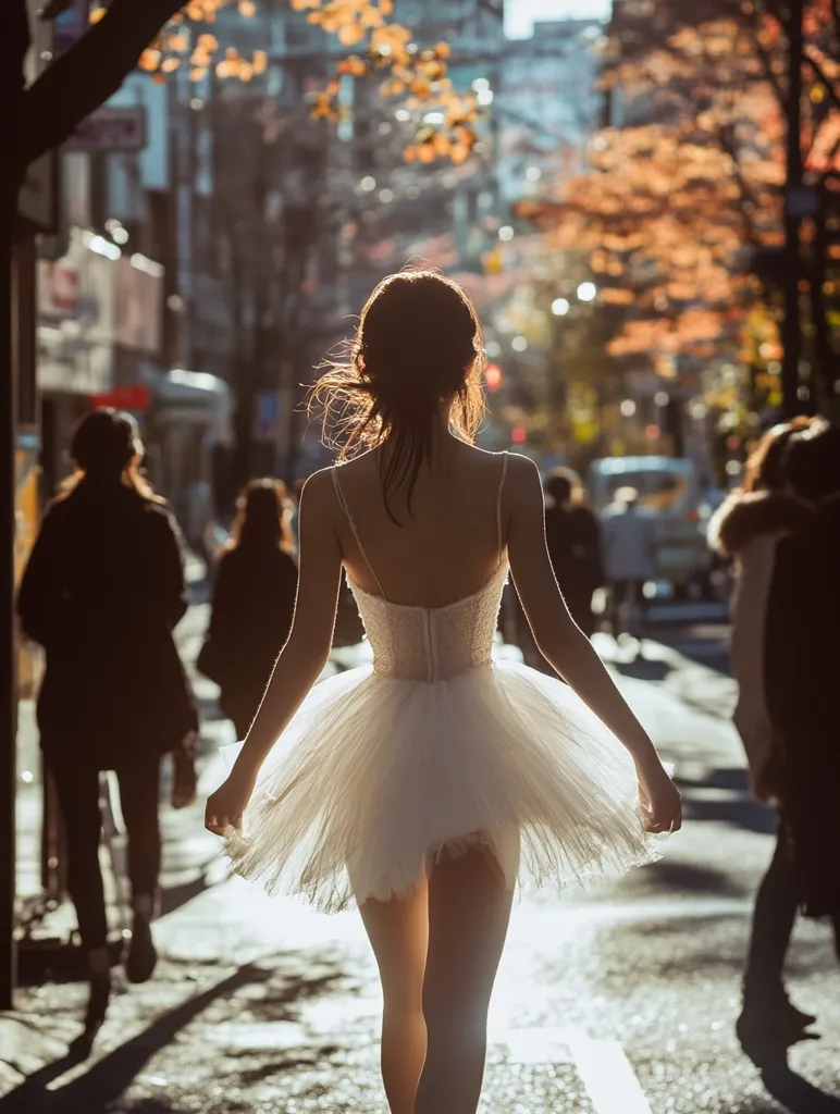A ballerina, seen from behind, walks down a sun-drenched city street.  She wears a white tutu and her hair is pulled back.  The background is blurred, showcasing autumnal colors in the trees and pedestrians moving about their day.  The overall mood is serene and slightly melancholic, contrasting the lightness of the tutu against the urban setting.  Golden sunlight highlights the scene, emphasizing the ballerina's graceful posture.