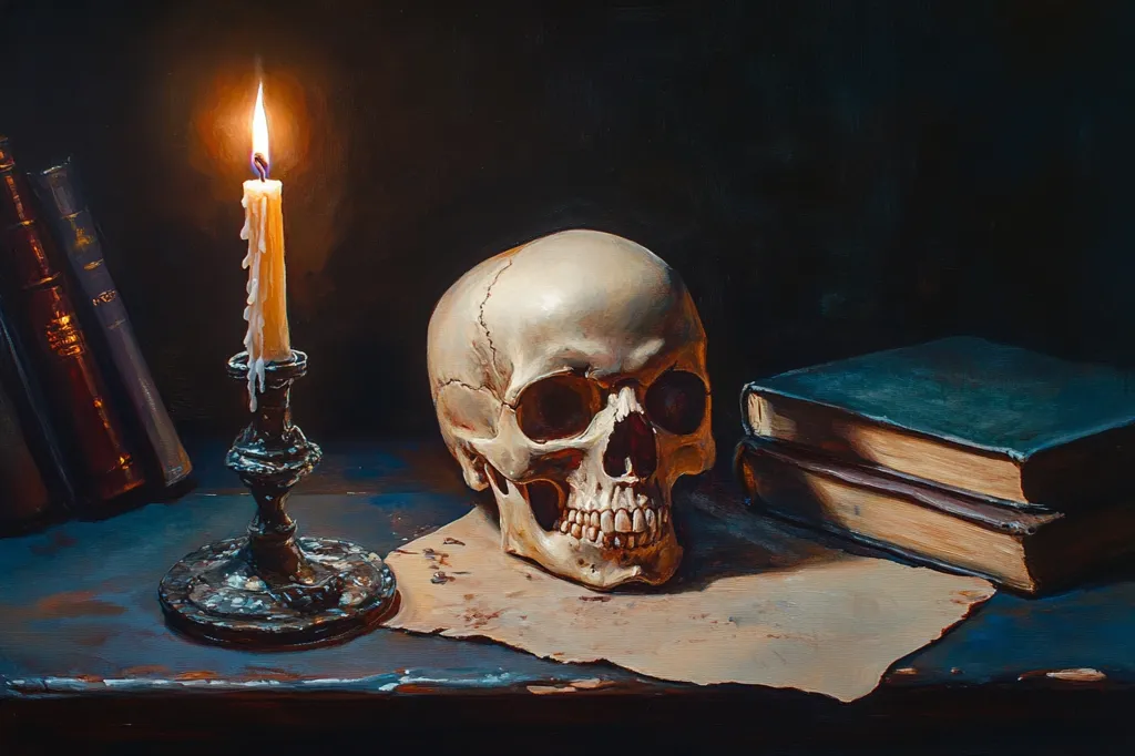 A still life painting depicts a human skull resting on a piece of parchment beside a stack of antique books. A lit candle in a dark metal candlestick sits to the skull's left.  The scene is dimly lit, casting shadows that emphasize the textures of the objects and the somber mood.  The overall effect is one of contemplation on mortality and the passage of time.  The dark background and muted colors contribute to the painting's melancholic atmosphere.