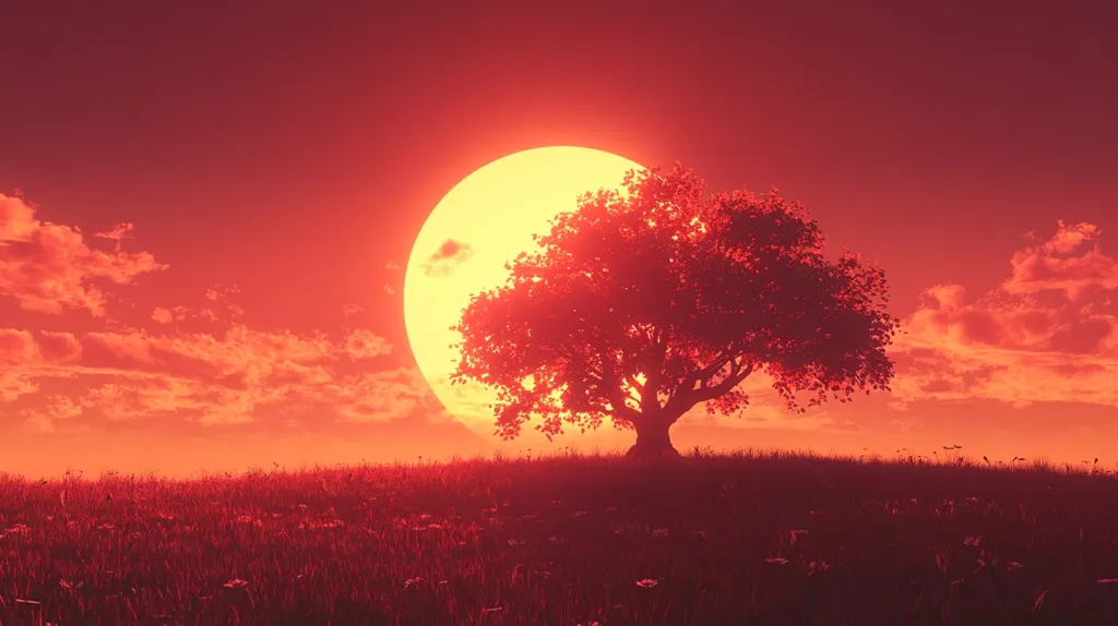 A solitary tree stands silhouetted against a large, vibrant orange sun setting in a fiery red sky.  The sky is filled with soft, wispy clouds, also bathed in the warm hues of the sunset. The tree sits atop a gently sloping hill covered in short grass, speckled with tiny flowers, all sharing the dominant red tones. The overall scene evokes a feeling of peace and serenity in a dramatic, almost otherworldly landscape.