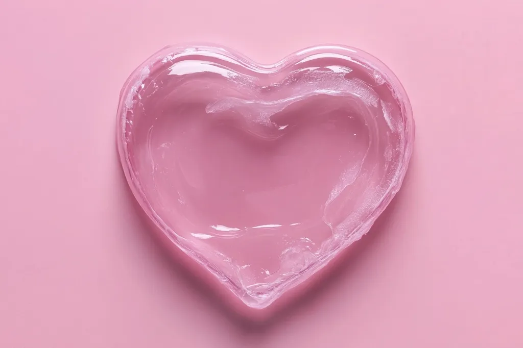 Here is a description of the image:

A heart-shaped mold, seemingly made of clear, slightly frosted glass or plastic, rests on a pale pink background.  The mold is filled with a translucent, light pink gel-like substance. The gel's surface is not perfectly smooth, showing slight irregularities and texture. The overall effect is delicate and aesthetically pleasing, suggesting a product demonstration or artistic still life. The image's simplicity highlights the heart shape and the gel's texture.