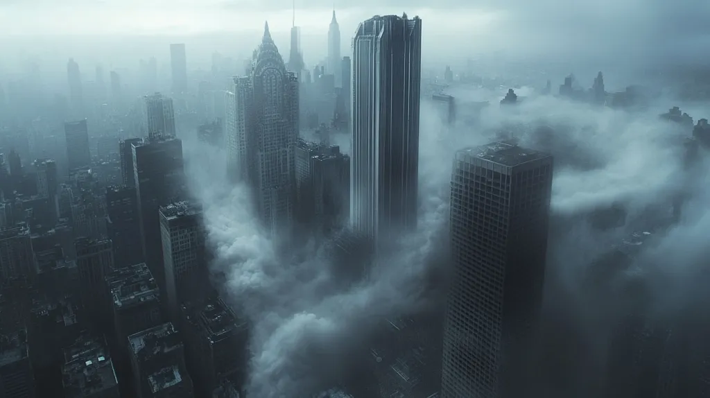 Here's a description of the image:

A high-angle, long shot depicts a city shrouded in thick fog.  Tall skyscrapers pierce the dense cloud cover, their dark silhouettes stark against the muted gray sky.  The fog swirls around the buildings, obscuring lower levels and creating a moody, almost eerie atmosphere.  Architectural styles vary among the buildings, suggesting a mix of eras and designs. The overall impression is one of mystery and urban density, enveloped in a surreal, misty blanket.