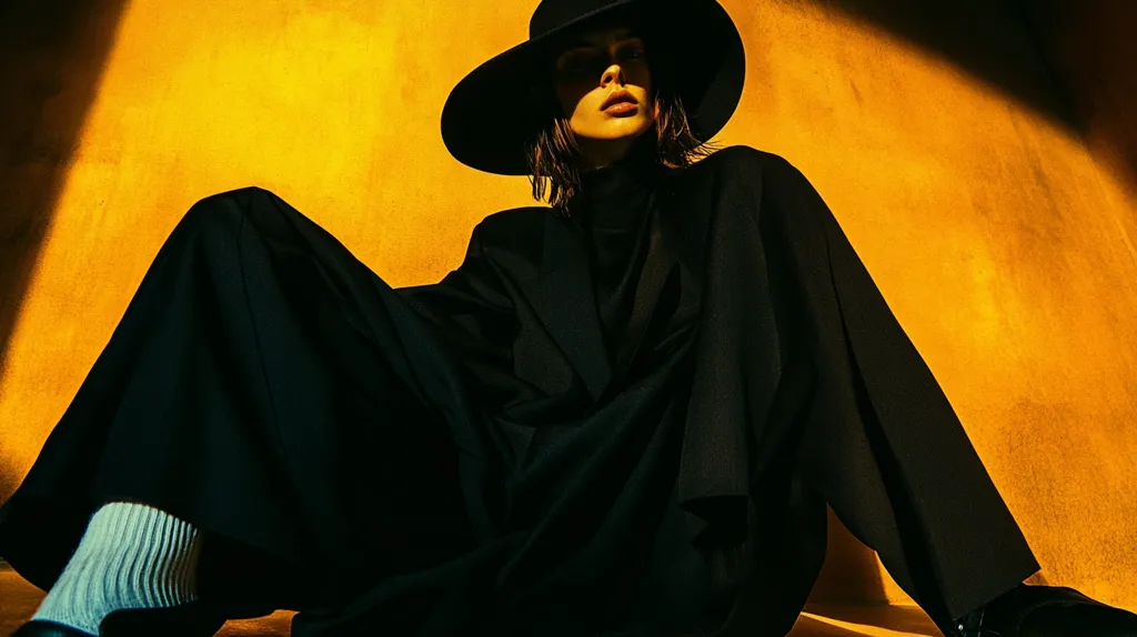 Here's a description of the image:

The photograph features a person, likely a woman, in a stylish black ensemble against a vibrant mustard-yellow background. She is wearing a wide-brimmed black hat, a long black overcoat or blazer, and black pants. The outfit is loose-fitting, creating dramatic folds and shadows.  Her pose is relaxed, legs spread slightly, suggesting a sense of casual confidence. The lighting is dramatic, highlighting the texture of the clothing and casting parts of the subject in shadow, creating a strong contrast between light and dark. The overall mood is one of stylish mystery and dramatic flair.