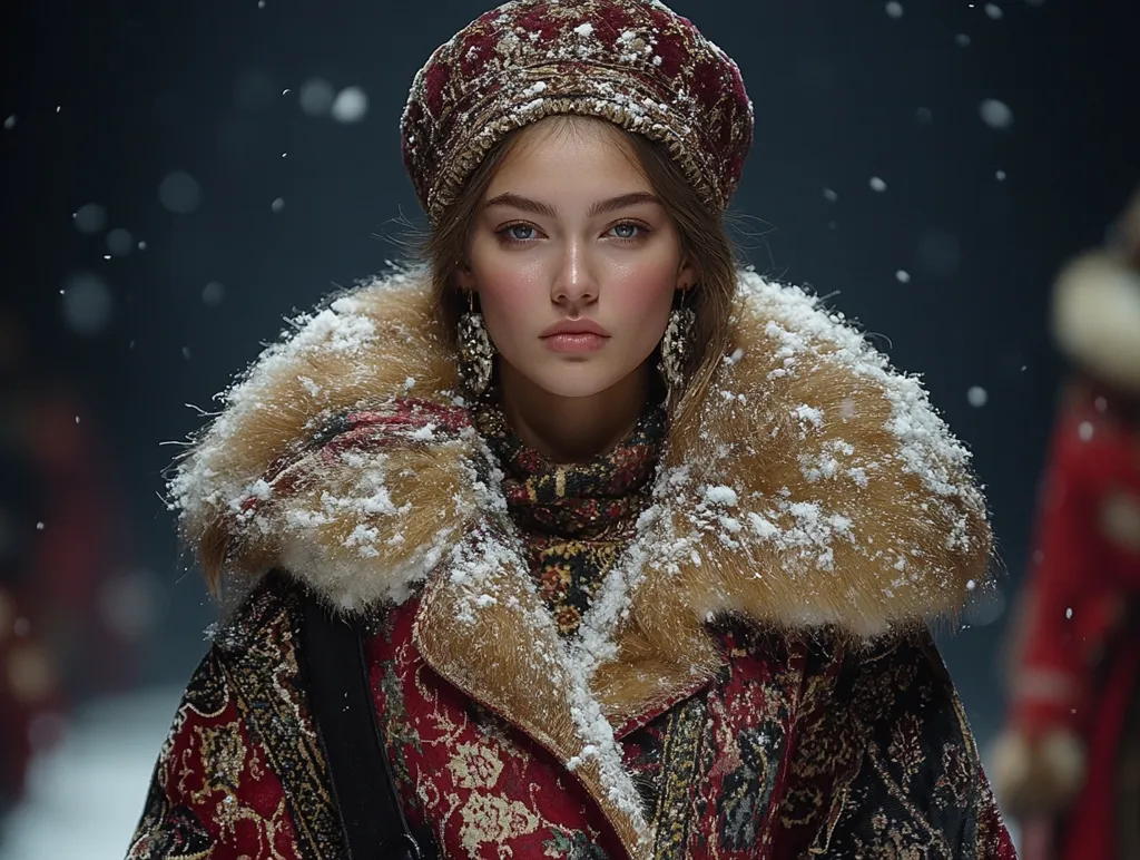 A young woman models a richly patterned, red and gold coat with a large, fluffy, light brown fur collar dusted with snow.  She wears a matching burgundy velvet hat embellished with gold detailing and long dangling earrings.  Her makeup is subtly dramatic, and her expression is serious and captivating. The background is blurred, suggesting a winter fashion show setting with falling snow. The overall impression is one of opulent, wintery elegance.