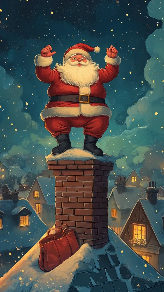 A jolly Santa Claus stands triumphantly atop a brick chimney, his arms raised in joyful celebration.  Snow gently falls on a quaint, snow-covered village below, with warm, glowing window lights visible in the houses. A red gift bag rests on the snow-dusted rooftop near Santa. The nighttime scene is filled with a whimsical, festive atmosphere, evoking the magic of Christmas Eve.