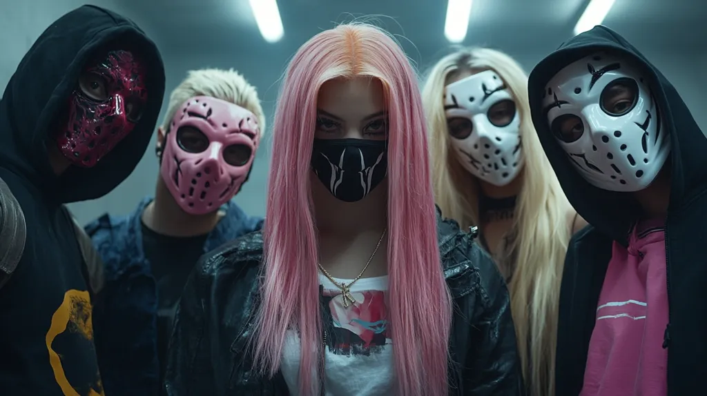A group of five young adults, four wearing hockey masks and one a black face mask, pose for a photo.  The central figure has long, bright pink hair and a black leather jacket. The others have blonde or light-colored hair, and their masks are pink, white, or a dark, marbled red. The background is blurred, suggesting an indoor location.  The overall aesthetic is edgy and slightly menacing.