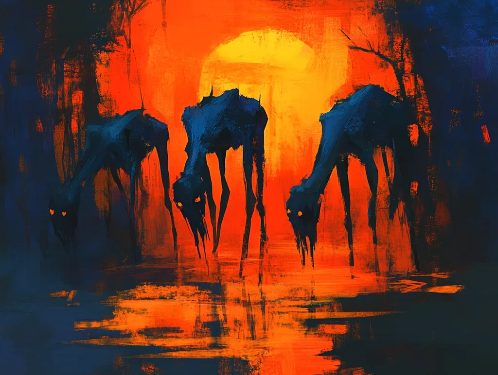 Here's a description of the image:

The painting depicts three dark, skeletal creatures, possibly canine or equine in form, drinking from a pool of water.  Their bodies are rendered in deep blues and blacks, stark against the fiery orange and yellow sunset behind them.  The creatures have glowing yellow eyes, adding to their otherworldly and somewhat menacing appearance.  Silhouetted trees flank them, creating a moody, swampy atmosphere. The brushstrokes are loose and expressive, contributing to the painting's dramatic and surreal quality.  The reflection of the sunset in the water enhances the overall fiery, unsettling tone.