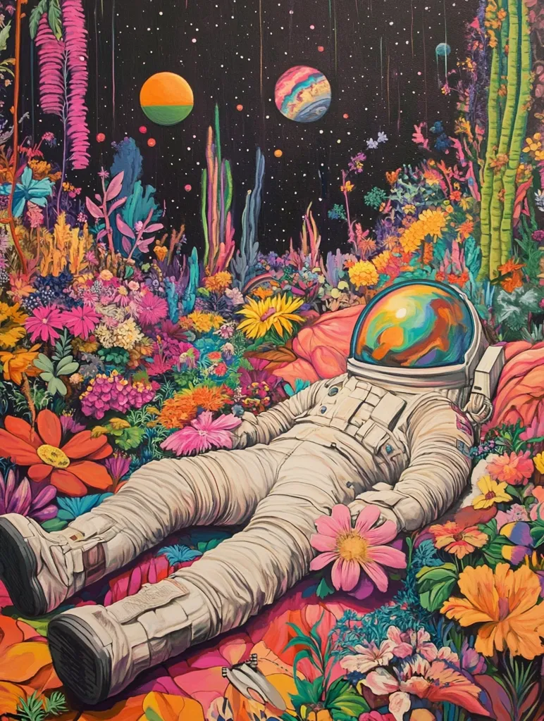 A vibrant psychedelic painting depicts an astronaut reclining amidst a profusion of brightly colored, otherworldly flowers.  The astronaut's spacesuit is off-white, contrasting sharply with the intense hues of the flora. Two planets, one orange and one swirled with color, are visible in the dark background above a field of fantastical plants. The overall mood is surreal and dreamlike, blending cosmic imagery with a lush, earthly garden. The style is bold and expressive, with heavy use of color and texture.