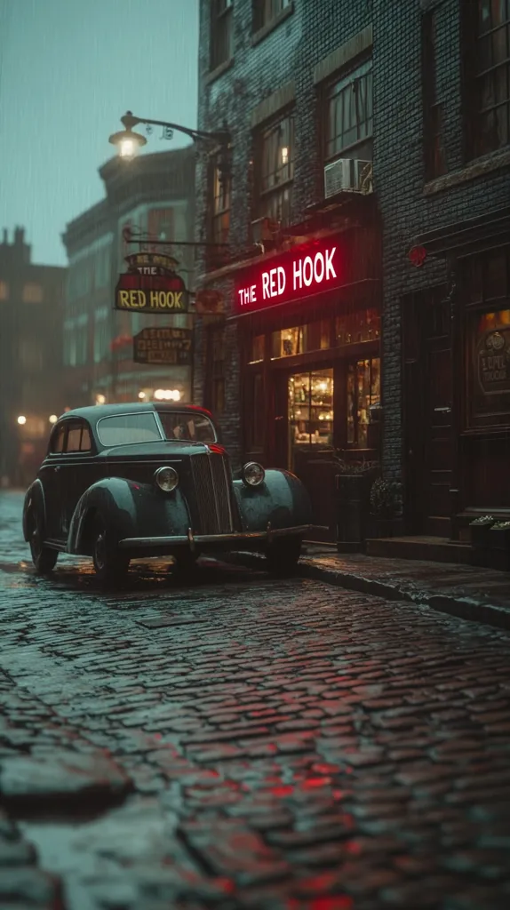 A vintage dark-green car sits parked on a rain-slicked cobblestone street in front of "The Red Hook," a dimly lit establishment.  The building is dark brick, with a red neon sign glowing above the entrance.  The rain creates a moody atmosphere, reflecting the red light onto the wet street.  The scene evokes a feeling of mystery and old-world charm, perhaps from a film noir setting.  Street lamps cast a soft, yellow glow in the background, enhancing the overall ambiance.