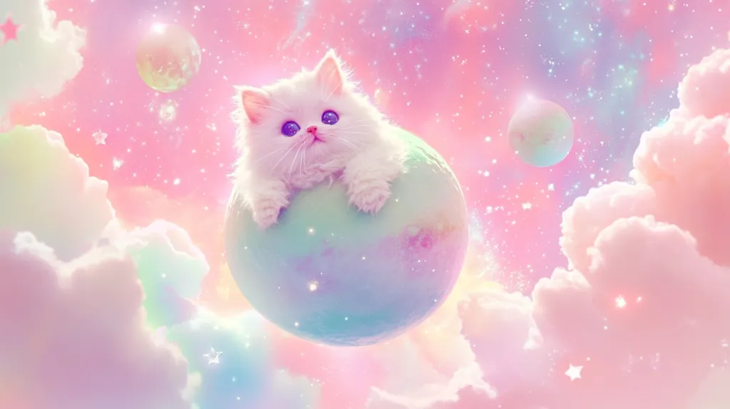 Here's a description of the image:

A fluffy white kitten with striking blue eyes is nestled comfortably atop a pastel-colored planet.  The planet floats amidst a dreamy, pink and purple nebula, surrounded by soft, cotton-candy clouds and sparkling stars. The overall scene is whimsical and fantastical, evoking a feeling of sweetness and serenity.  The color palette is predominantly soft pinks, purples, and mint greens, creating a gentle, otherworldly atmosphere.  Smaller planets are visible in the background, enhancing the cosmic setting.
